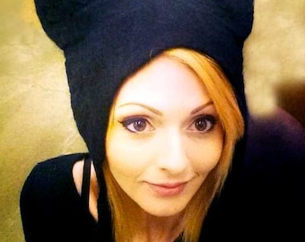 Black Cat Ears Cosplay Hat, hand felted Kat Von D hat Halloween pagan headdress fancy dress costume witches feline hat