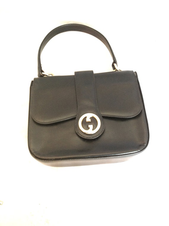Vintage Gucci handbag black leather 1960&#39;s by yesterdayisback