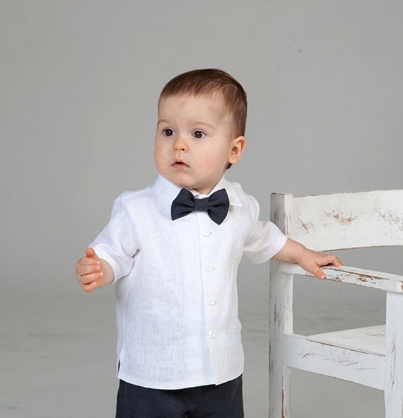 Baby boy linen shirt bow tie Ring bearer white shirt Baby boy