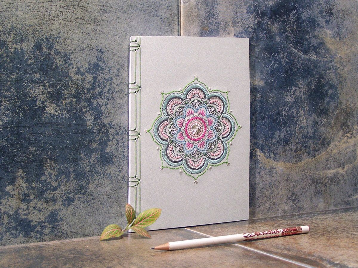 Mandala Journal. Yoga Notebook. Mint Mandala. Embroidered A5