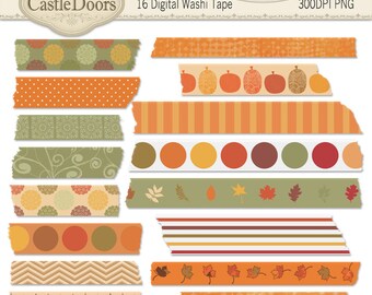 Autumn Washi Tape Digital - pumpkins, leaves, orange, green, brown