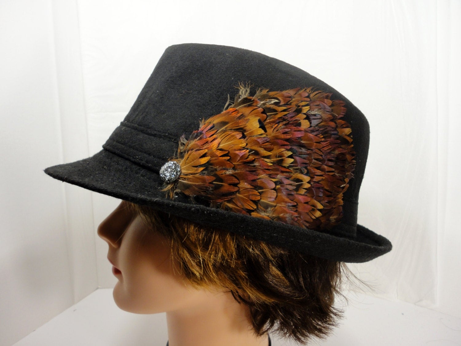 Black Fedora with Feathers and Rhinestones