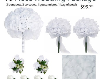 10 Piece Wedding Package - Silk Wedding Flowers - Bridal Bouquets - White Silk Rose Wedding Bouquets