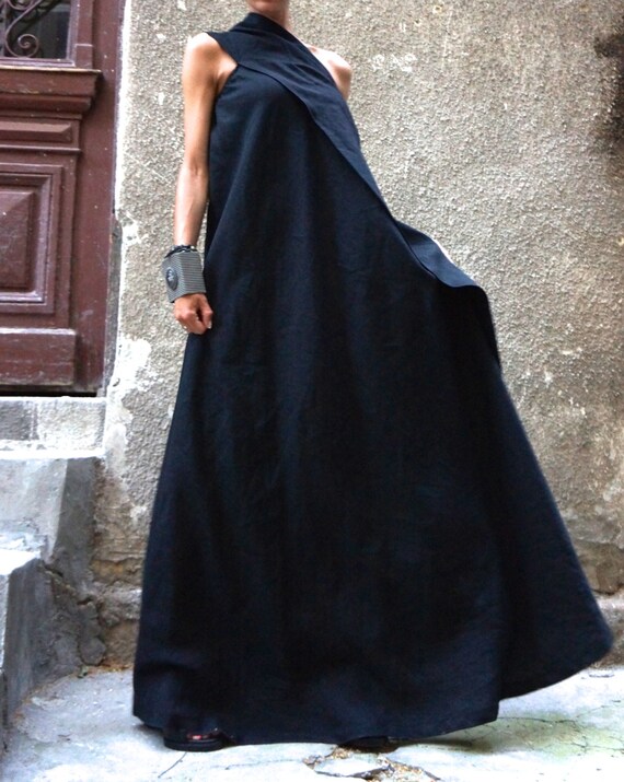 XXLXXXL Maxi Dress / Black Kaftan Linen Dress / One Shoulder
