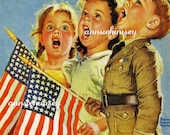 Fourth of July Print, Restored Antique Art Print - Kids Sing "God Bless America"  #193