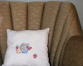 Embroidered Fruit Basket Pillow, double sided with up-cycled quilt