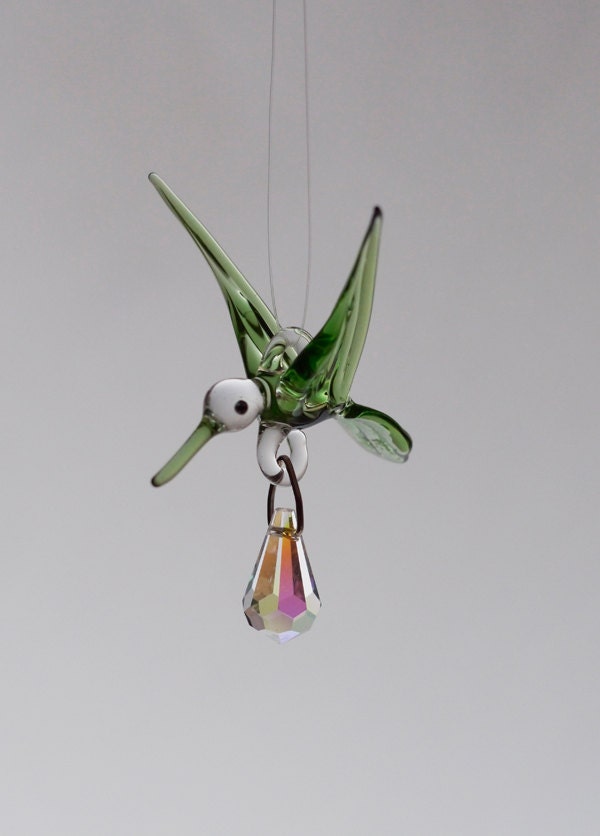 Small Blown Glass Hummingbird Ornament with Crystal Prism