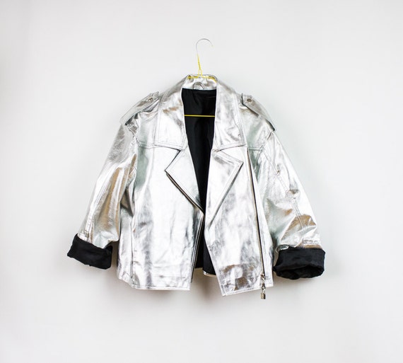 1990s SIlver Biker Leather Jacket by aboyscloset on Etsy