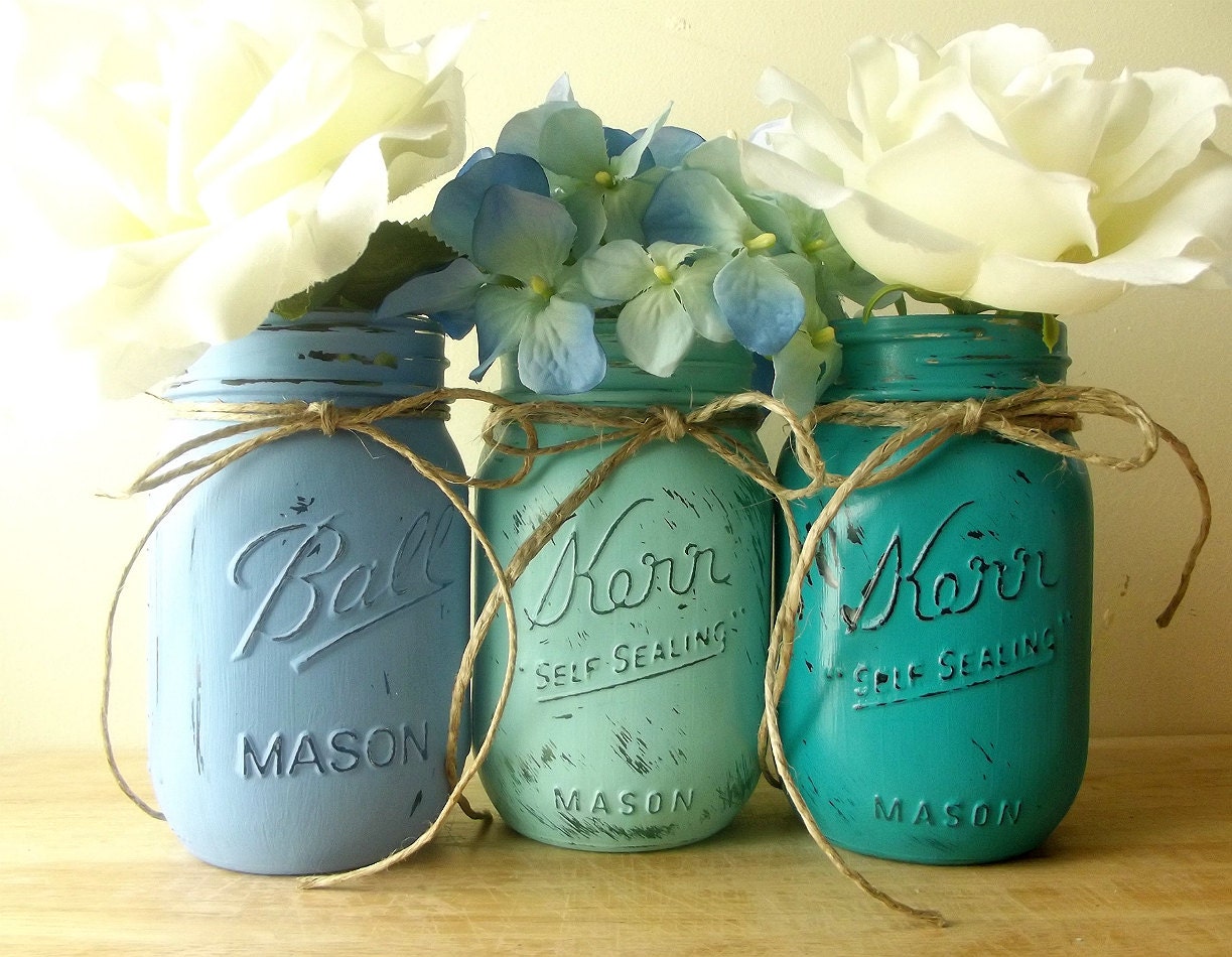 Three, Hand Painted Mason Jars - Rustic, Style Home Decor/Wedding Decor -- Shades of Blue Painted Mason Jars