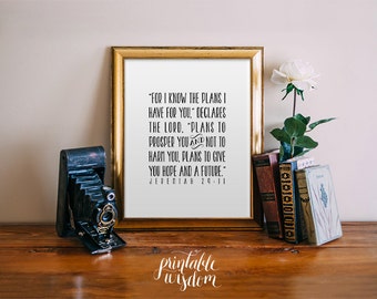 Nursery Bible Verse art print, Printable scripture, Christian wall art decor poster Jeremiah 29:11, digital typography, for I know the plans