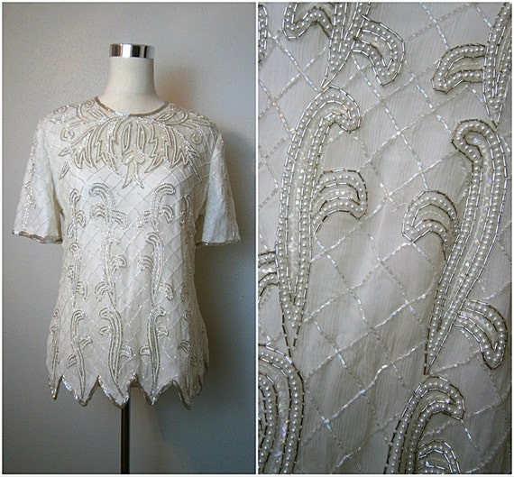 ART DECO White Beaded Sequin Blouse // Silver Sequined Beaded