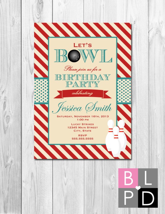 Bowling Party Invitation - Stripes - Red Cream and Blue - DIY - Printable Il_570xn
