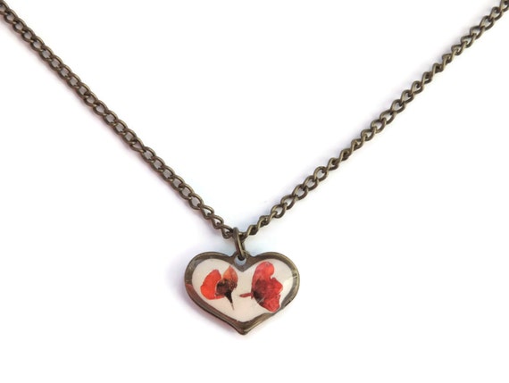 Hydrangea jewelry, tiny heart pendant with pressed flowers, orange 