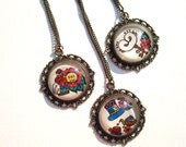 Alice in Wonderland Necklaces: Vintage Key, Tea Party, Drink Me - Hand Drawn - Henna - Mehndi - Floral Design - Pop Culture - Happiness
