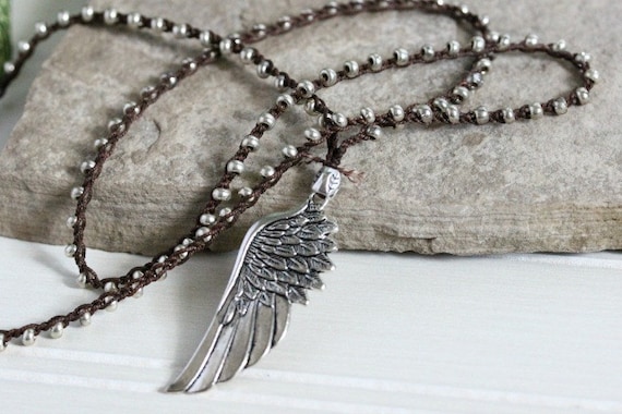 Angel Wing Pendant Necklace Silver Crochet by ...