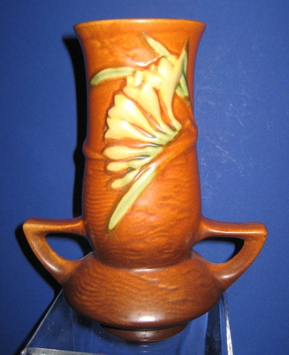 Roseville Freesia Vase 1197 brown by WhiteRoseAntiques on Etsy