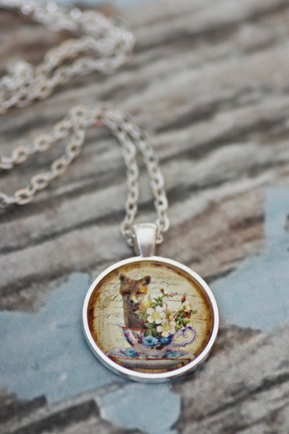 FREE SHIPPING Fox in a Teacup glass necklace. Floral Shabby Chic. Available in silver or bronze.
