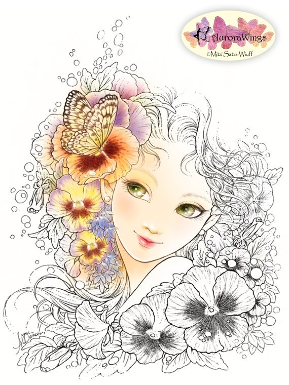 Digital Stamp - Pansy - Girl with Pansy, Lobelia, and Butterfly - Instant Download - Floral Fantasy Line Art for Cards & Crafts