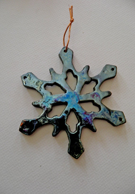 Blue and Red Raku Snowflake Christmas Ornament by PaintedbyFire