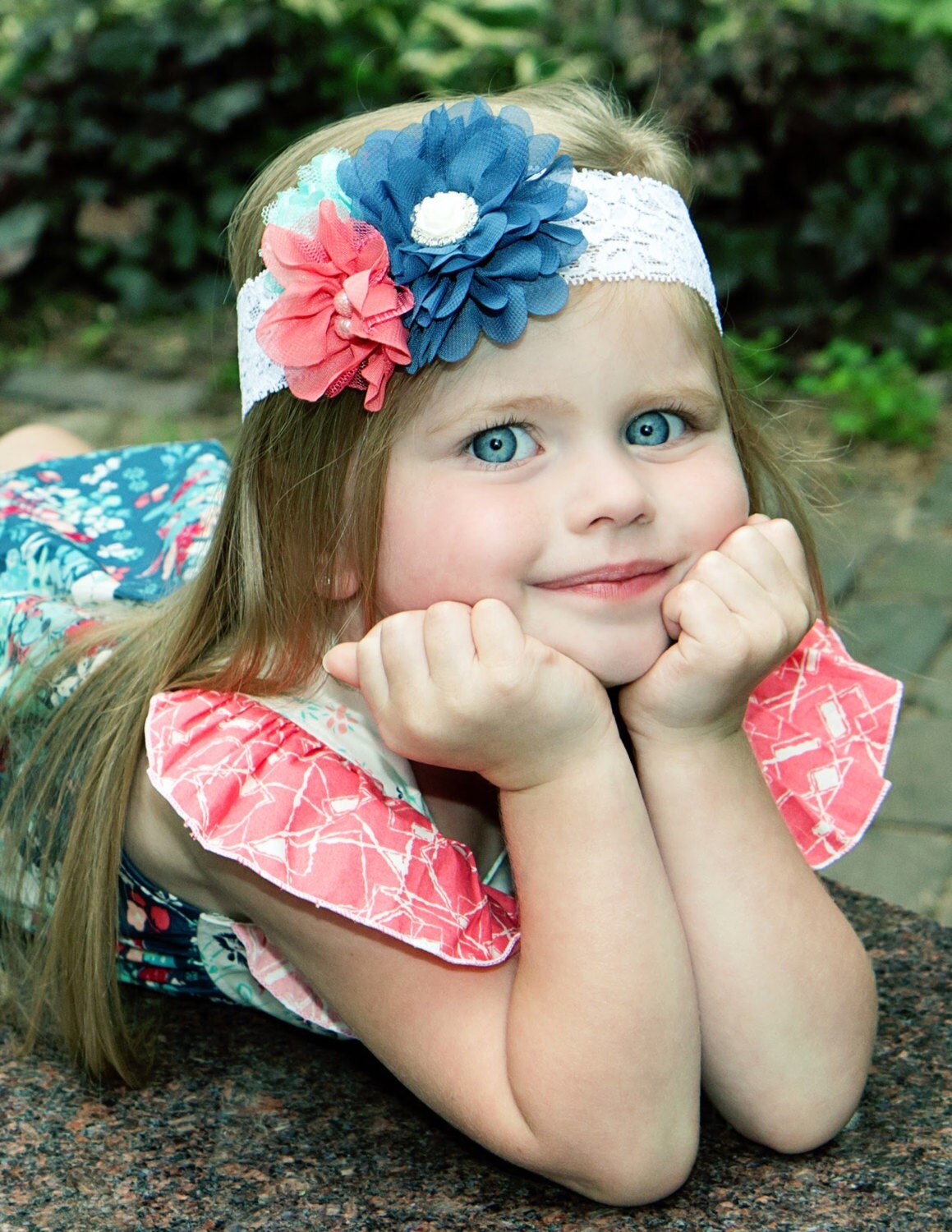 Navy Coral Mint Red Flower Headband, Summer Breeze Headband, Made to