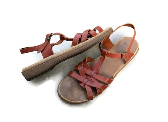 Woven Leather Sandals Vintage 70's Hippie Boho Flats Jute Raffia ...