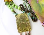 BACK2SCHOOL SUPER SALE!   Brass Celtic Pendant with green and gold lampwork beads, Czech glass beads, brass chain