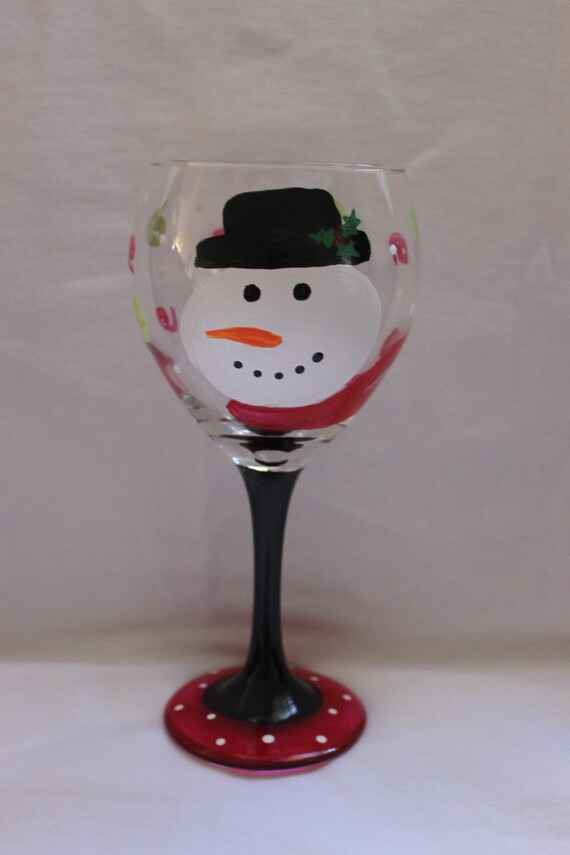 Items similar to Snowman Wine Glass, Hand Painted Oversized Wine Goblet