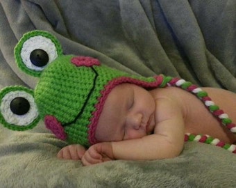 Crochet Frog Hat with Ear Flaps and Braided Tails