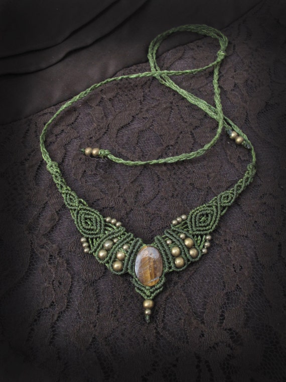 Macrame necklace and tiara with original tiger eye gemstone.