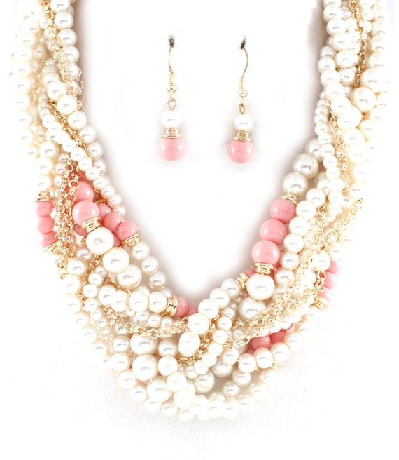 Items similar to Chunky Twisted Pearl Necklace, Braided Creamy Shiny Pearls and Pink Beads Mixed