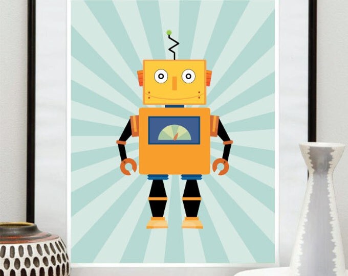 Nursery robot print, retro poster, kids room art, vintage toy decor, robot art