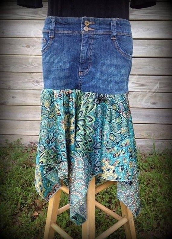 Boho denim skirt silk scarf bottom women's size 10