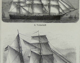 1901. Two prints.TYPES OF BOATS.Beautiful antique prints.Old ships. Lithographs.115 year old prints.Each print 11.9x9.5 ins.,31x25cm.