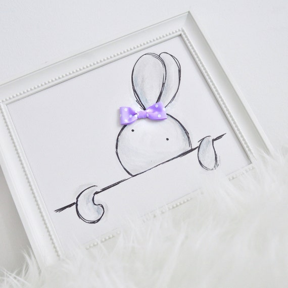 Peekaboo Bunny with Bow - hand painted canvas, lavender nursery, nursery artwork, baby shower, nursery decor, baby room, girls room