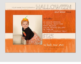CLEARANCE - Mini Session Postcard - Photography Template - Halloween Minis - 5x7 - Minis - Photoshop - Elements - Easy - Spider - Orange