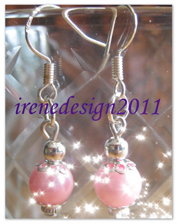 Handmade Silver Hook Earrings with Pink Pearls by IreneDesign2011