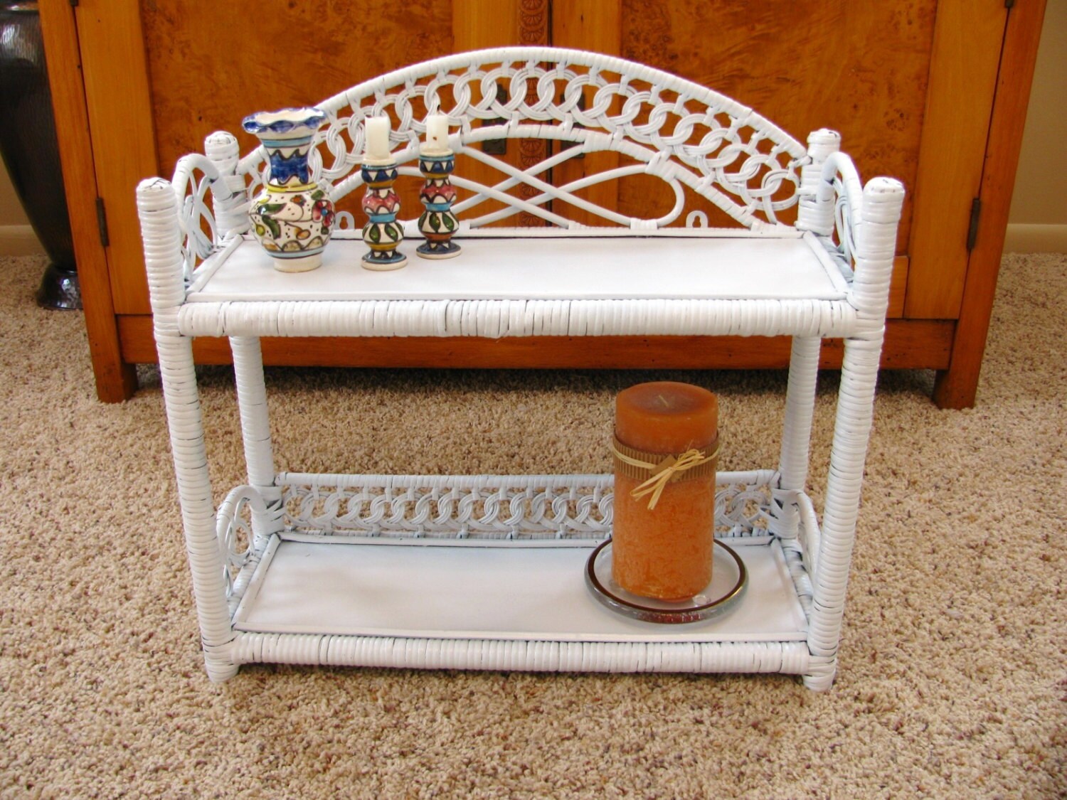 Vintage Wicker Shelf White Wicker Shelf by HipCatRetroVintage