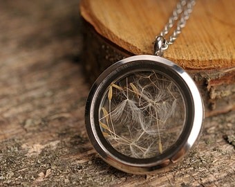 Pure dandelion necklace, nature necklace, silver plated necklace, dandelion seed necklace, dandelion pendant, dandelion locket necklace
