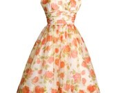 1950s Vintage Orange Rose Watercolor Print Chiffon Party Dress, Midcentury 50s Cream Garden Party Silk Dress xxsmall xsmall