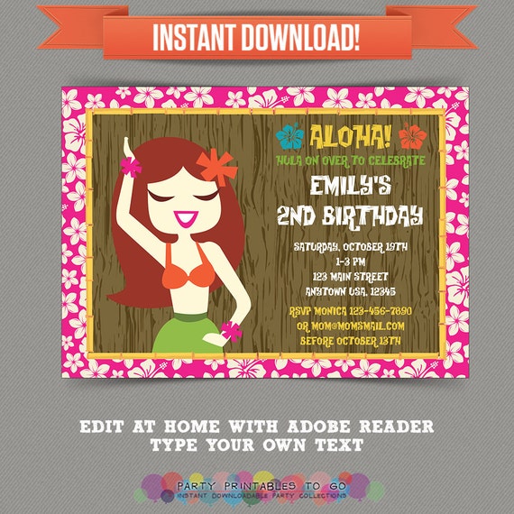 Hawaiian Luau Birthday Party Printable Invitation - Editable PDF file - Print at home Il_570xn
