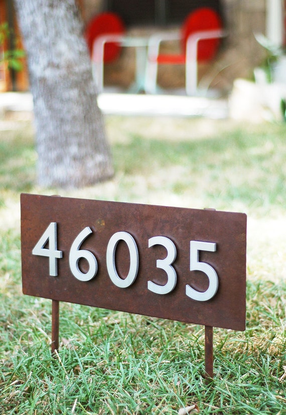 8 x 20 Rustic Modern Metal Address Plaque on Stakes by UrbanMettle