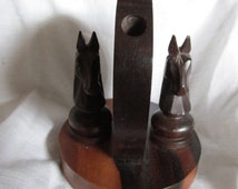 Wood Carving from Kenya Chess Game Theme 1970 Desk Organizational Tool ...