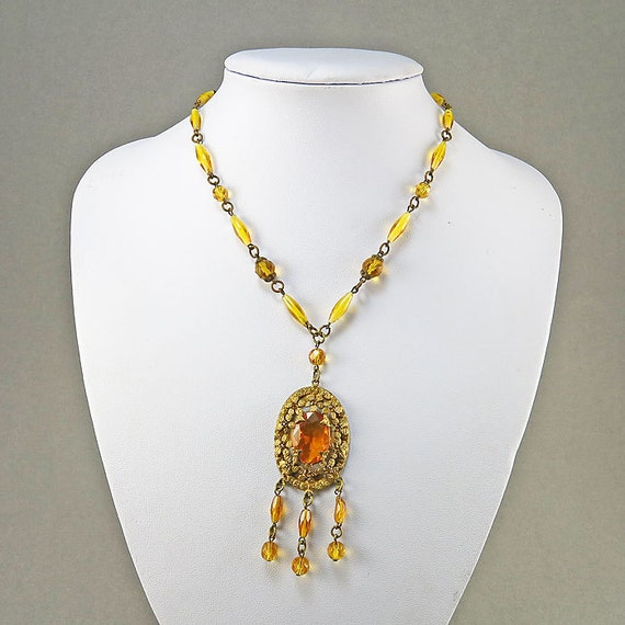 Vintage Czech Glass Beads Necklace Pendant Amber Glass Jewelry