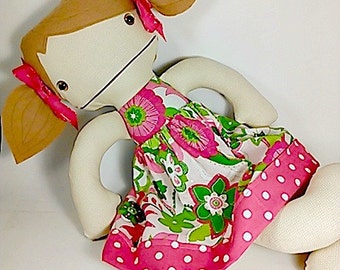 Cute Rag Doll - Colorful Custom Doll in Pink and Green Flowered Dress - Light Brown Hair