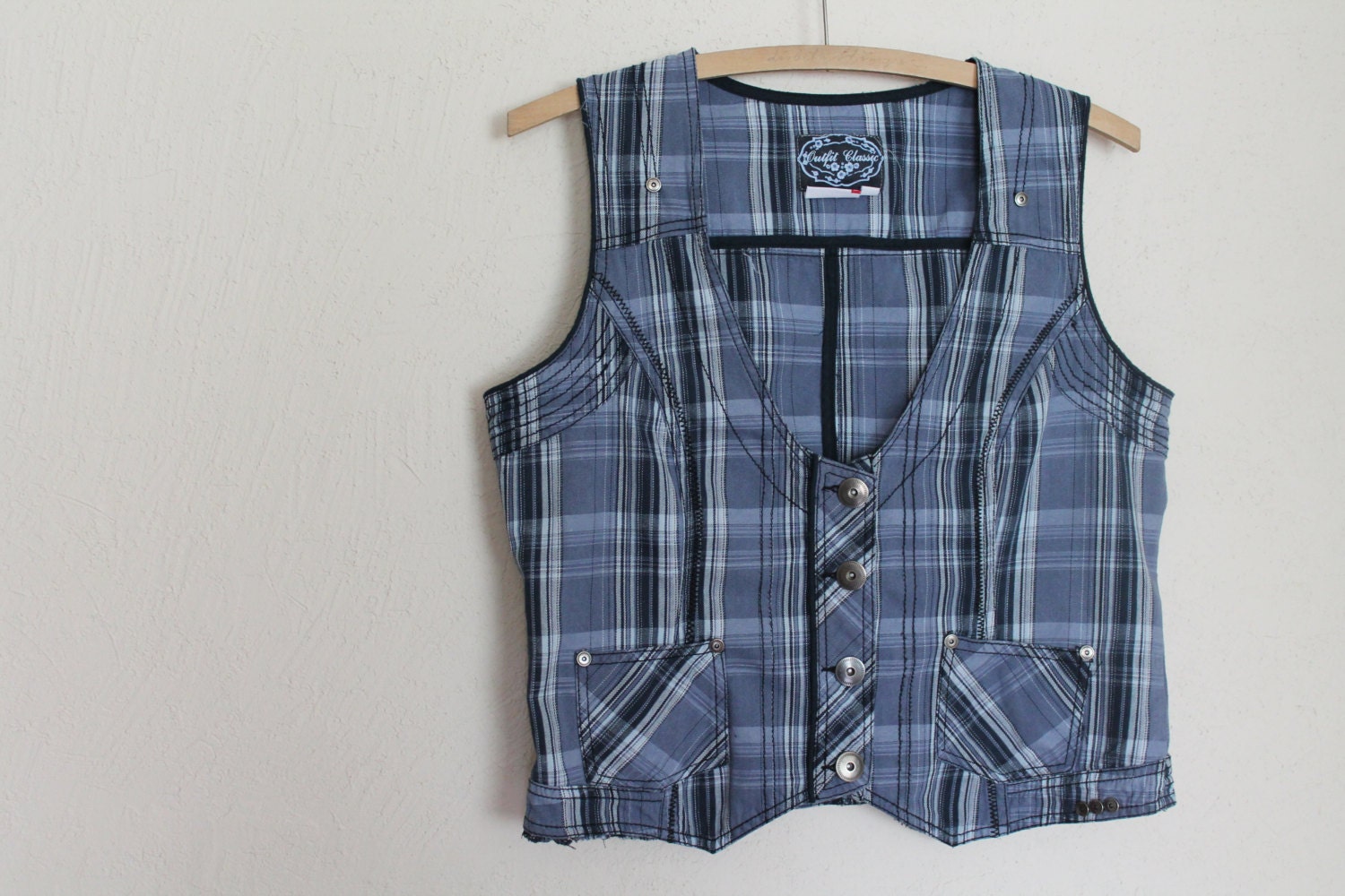 Blue Plaid Vest Womens Checkered Waistcoat Cotton by VintageAgency