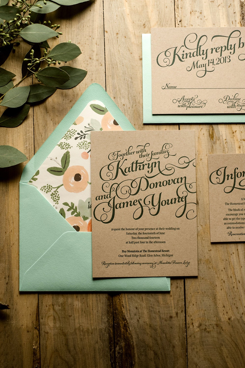 Rustic Wedding Invitation Mint & Kraft Wedding Invitation