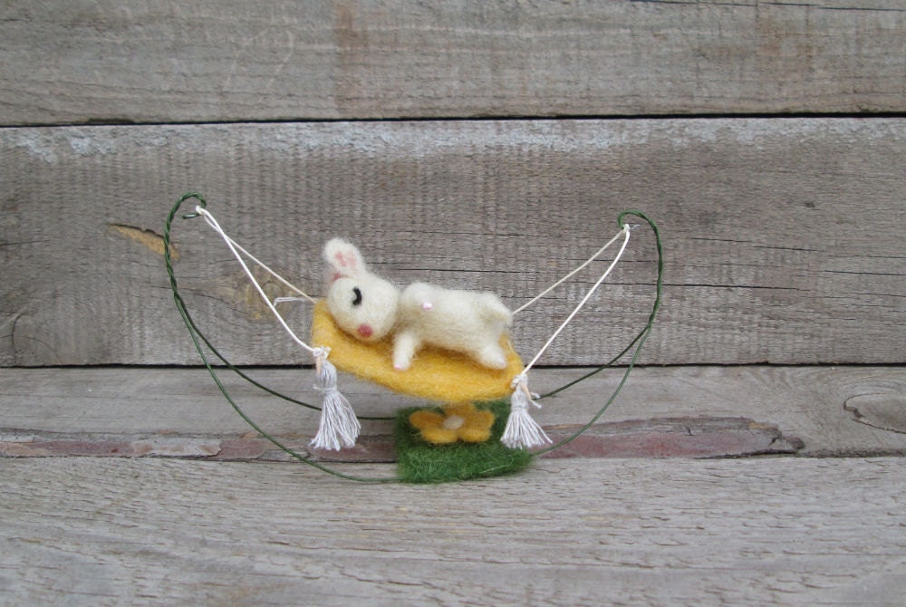 Sleeping bunny on a hammock Tiny miniature Cute Felt animal