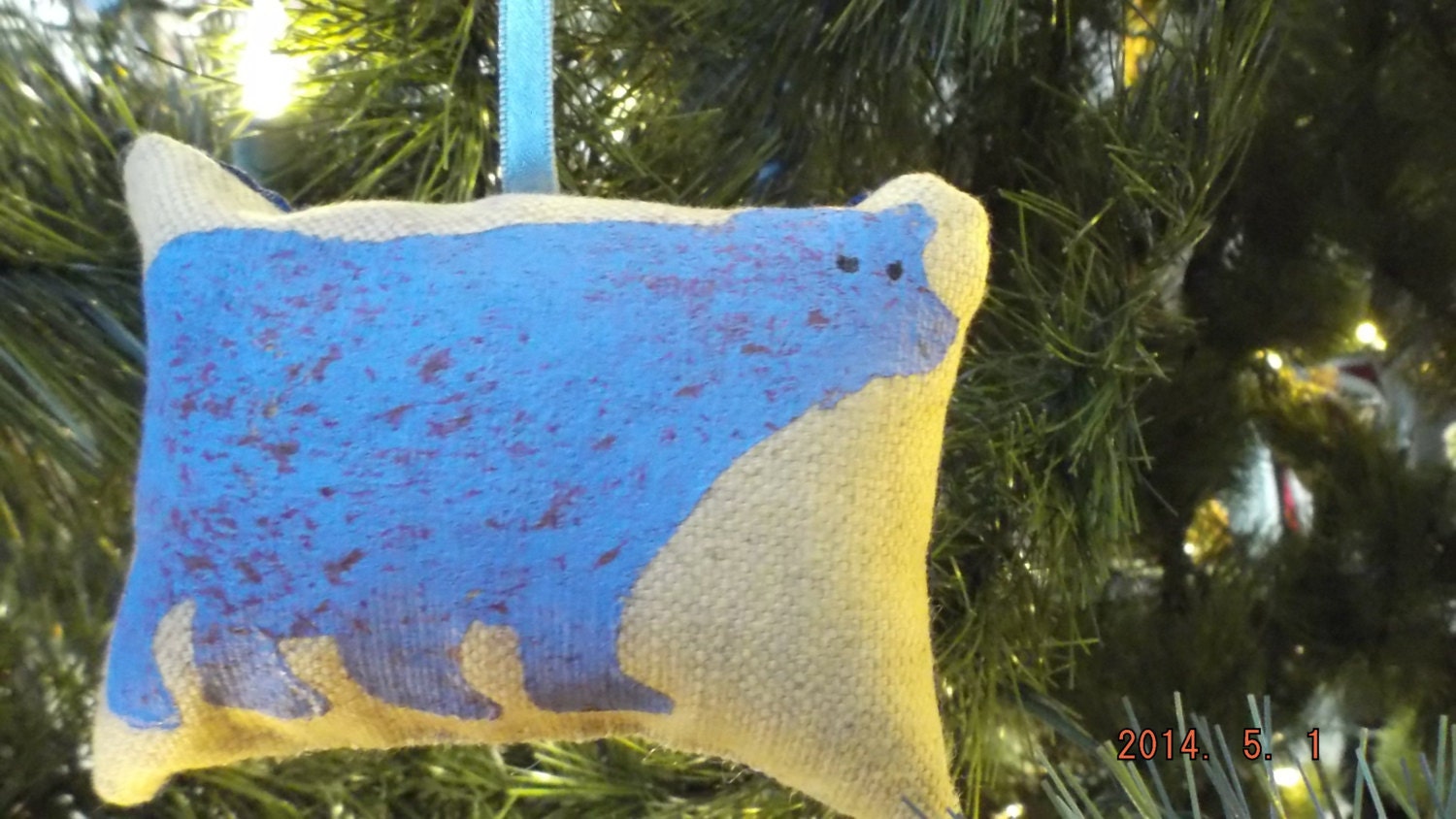 Primitive Light Blue Bear Stenciled Pillow Christmas Ornament FREE SHIPPING!