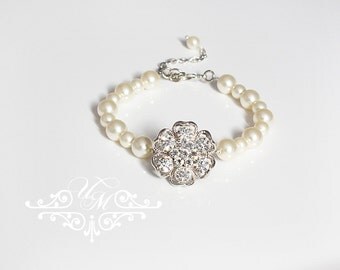 Wedding Jewelry Bridal Bracelet Bridesmaids Bracelet Rhinestone Flower Pearl Bracelet Swarovski Pearl Bracelet - SANNA