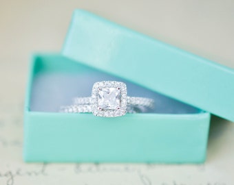 Halo Engagement Ring - Sterling Silver Wedding Ring - Small Ring - Wedding Ring Set - Cushion Cut Ring - Cubic Zirconia Ring - 1/2ct Ring